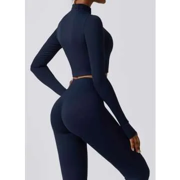 Yknktstc Womens Full Zip Athletic Jacket with Thumbhole Long Sleeve Crop Top Running Workout Yoga Sportswear Shirt M Navy Blue