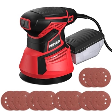 POPULO Palm Orbital Sander Tool 5 inch 3Amp 360W with 15 Sandpapers, Dust Collection System, and Erg...