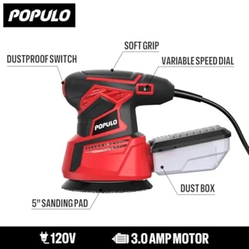 POPULO Palm Orbital Sander 5 Inch 3Amp for Efficient Sanding