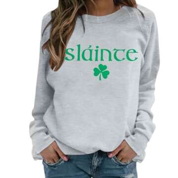 MOUSYA St Patricks Day Sweatshirt Women Slainte Shirts St Pattys Shirt Shamrock clover Printed Long Sleeve Tops