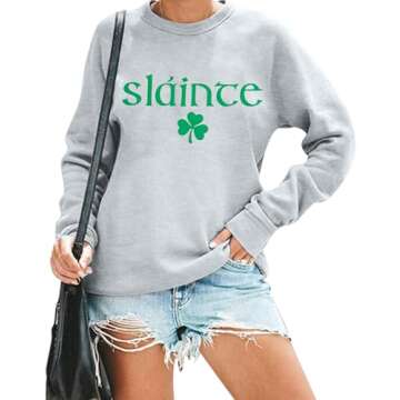 MOUSYA St Patricks Day Sweatshirt Women Slainte Shirts St Pattys Shirt Shamrock clover Printed Long Sleeve Tops