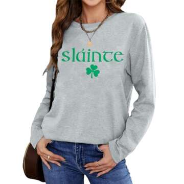 MOUSYA St Patricks Day Sweatshirt Women Slainte Shirts St Pattys Shirt Shamrock clover Printed Long Sleeve Tops