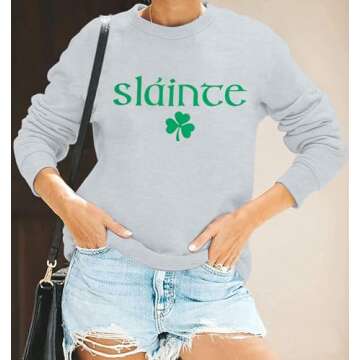MOUSYA St Patricks Day Sweatshirt Women Slainte Shirts St Pattys Shirt Shamrock clover Printed Long Sleeve Tops