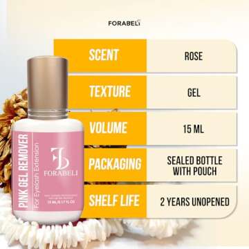 Forabeli Pink Gel Lash Remover for Eyelash Extensions, 15ml, Safe and Gentle Formula, Easy to Apply, Versatile and Efficient