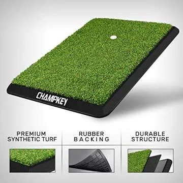 CHAMPKEY Premium Synthetic Turf Golf Hitting Mat | Heavy Duty Rubber Base Golf Practice Mat | Come with 1 Rubber Tee and 9 Plastic Tees (8.5" x 17", LITE Version)