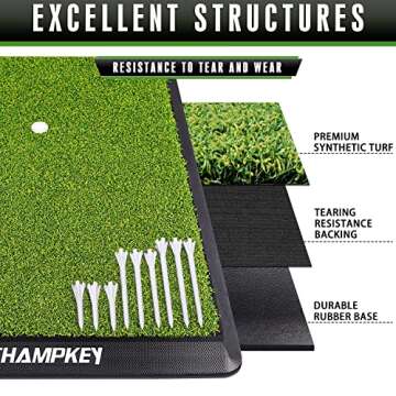 CHAMPKEY Premium Synthetic Turf Golf Hitting Mat | Heavy Duty Rubber Base Golf Practice Mat | Come with 1 Rubber Tee and 9 Plastic Tees (8.5" x 17", LITE Version)