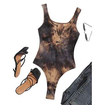 Verdusa Women's Tie Dye Notched Neck Ribbed Skinny Thong Tank Bodysuit Top Multicolored S