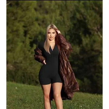 OQQ Women Rompers Ribbed Short Sleeve Zip Front Stretch Tummy Control Yoga Workout Rompers Black