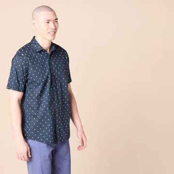 Amazon Essentials Men's Regular-Fit Short-Sleeve Print Shirt, Navy White Anchor Print, Large