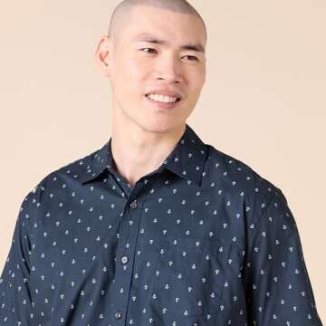 Amazon Essentials Men's Regular-Fit Short-Sleeve Print Shirt, Navy White Anchor Print, Large