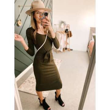PRETTYGARDEN Women's Long Sleeve Square Neck Slit Bodycon Sweater Dress Tie Waist Ribbed Slim Fit Knit Midi Dress(Medium, Army Green)