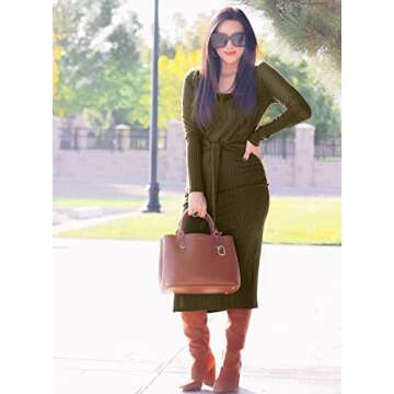 PRETTYGARDEN Women's Long Sleeve Square Neck Slit Bodycon Sweater Dress Tie Waist Ribbed Slim Fit Knit Midi Dress(Medium, Army Green)