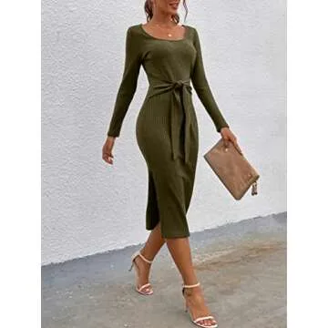 PRETTYGARDEN Women's Long Sleeve Square Neck Slit Bodycon Sweater Dress Tie Waist Ribbed Slim Fit Knit Midi Dress(Medium, Army Green)