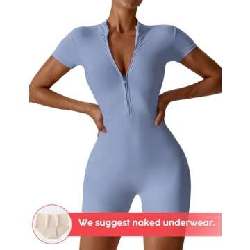 YEOREO Women Short Sleeve Workout Jumpsuit Zip Up Romper Bottom Shorts Bodysuit Bodycon Sexy One Piece Blue L