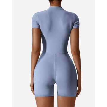 YEOREO Women Short Sleeve Workout Jumpsuit Zip Up Romper Bottom Shorts Bodysuit Bodycon Sexy One Piece Blue L