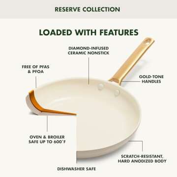 GreenPan Reserve Hard Anodized Healthy Ceramic Nonstick 10 Piece Cookware Pots and Pans Set, Gold-Tone Stainless Steel Handles, PFAS & PFOA-Free, Dishwasher Safe, Oven & Broiler Safe, Cream White