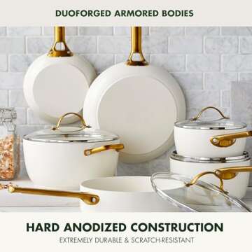 GreenPan Reserve Hard Anodized Healthy Ceramic Nonstick 10 Piece Cookware Pots and Pans Set, Gold-Tone Stainless Steel Handles, PFAS & PFOA-Free, Dishwasher Safe, Oven & Broiler Safe, Cream White