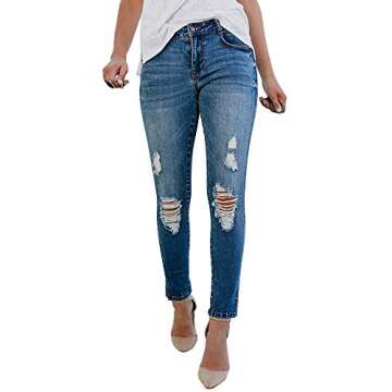 Lynwitkui Womens Destroyed Ripped Holes Skinny Jeans Leggings Mid Rise Stretchy Straight Leg Slim Fit Denim Pants (Small, J-Wathet)