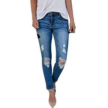 Lynwitkui Womens Destroyed Ripped Holes Skinny Jeans Leggings Mid Rise Stretchy Straight Leg Slim Fit Denim Pants (Small, J-Wathet)