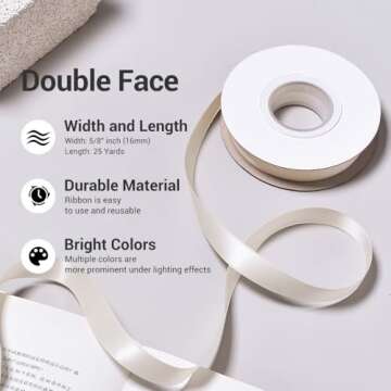 YAMA Double Face Satin Ribbon - 5/8" 25 Yards for Gift Package Wrapping,Floral Design,Hair Bow Clip Making,Crafting,Sewing,Wedding Decor, Ivory