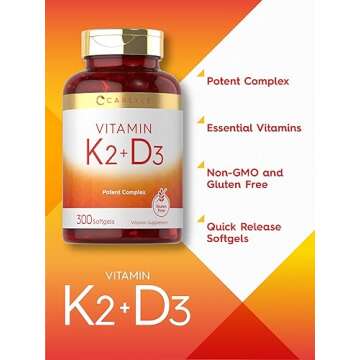 Carlyle Vitamin K2 and D3 Supplement | 300 Softgels | 200mcg K2 MK7 & 10,000 IU D3 | Non-GMO, Gluten Free