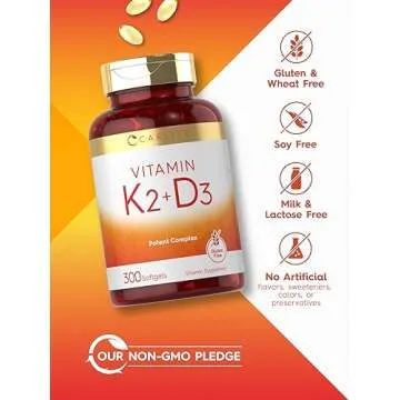 Carlyle Vitamin K2 and D3 Supplement | 300 Softgels | 200mcg K2 MK7 & 10,000 IU D3 | Non-GMO, Gluten Free