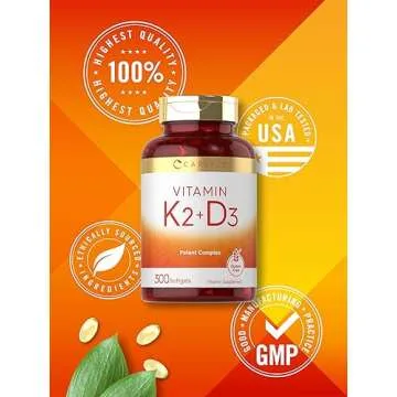 Carlyle Vitamin K2 and D3 Supplement | 300 Softgels | 200mcg K2 MK7 & 10,000 IU D3 | Non-GMO, Gluten Free