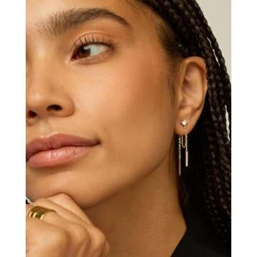 PAVOI 18K Yellow Gold Plated Sterling Silver Posts Drop Dangle Chain Earrings for Women | Dangling Chain Studs | Cubic Zirconia Ball Threader Earscapes Earrings