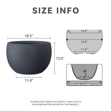 Kante 19.9" Dia Round Concrete Planter, Outdoor/Indoor Large Bowl Plant Pots with Drainage Hole and Rubber Plug for Garden Patio Balcony Home, Dark Gray