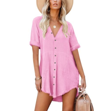 Paintcolors Women's Short Sleeve Cotton Button Down Tunic Dresses Shirt Beach Cover-ups Oversized Bl...
