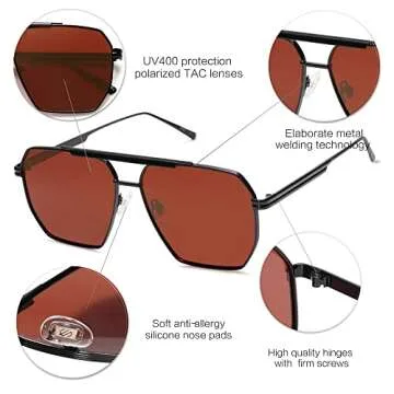 SOJOS Retro Oversized Square Polarized Sunglasses for Women and Men Vintage Shades Classic Large Metal Sun Glasses with Black/Red Lens