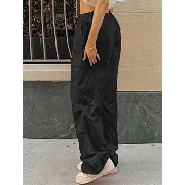 LQI Parachute Pants for Women - Y2K Style Baggy Cargo Trousers with Drawstring