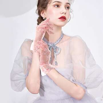 QPIXVB Pink Lace Gloves, Lace Gloves Women, Tea Party Gloves, Pink Gloves, Bridal Wedding Gloves,Sunblock Summer Gloves Tulle Gloves, Evening Opera Prom Halloween Cosplay Gloves Elegant Gloves