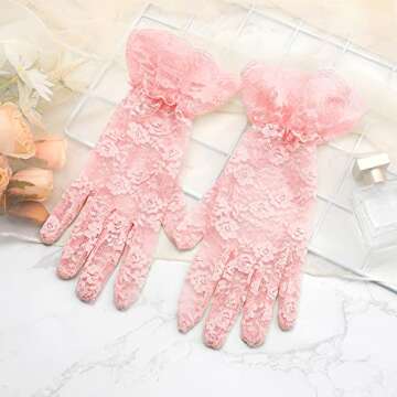 QPIXVB Pink Lace Gloves, Lace Gloves Women, Tea Party Gloves, Pink Gloves, Bridal Wedding Gloves,Sunblock Summer Gloves Tulle Gloves, Evening Opera Prom Halloween Cosplay Gloves Elegant Gloves