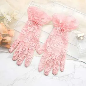 QPIXVB Pink Lace Gloves, Lace Gloves Women, Tea Party Gloves, Pink Gloves, Bridal Wedding Gloves,Sunblock Summer Gloves Tulle Gloves, Evening Opera Prom Halloween Cosplay Gloves Elegant Gloves