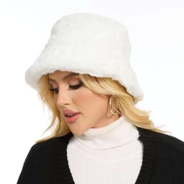 Sydbecs Winter Bucket Hat Fluffy Faux Fur Fisherman Cap for Women Men Solid Color Style(White)