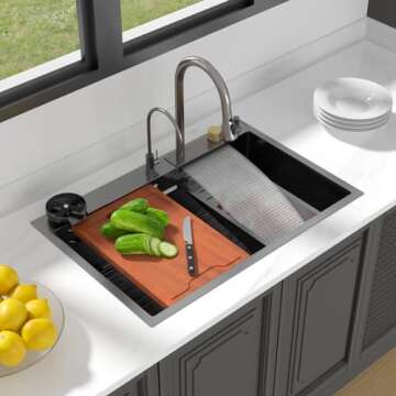 Lordear 33 Drop In Kitchen Sink Waterfall Stainless Steel Single Bowl 16 Gauge Gunmetal Black Workst...