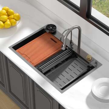 Lordear 33 Drop In Kitchen Sink Waterfall Stainless Steel Single Bowl 16 Gauge Gunmetal Black Workstation Sink With Faucet Combo And Glass Rinser, 33x22x10 Deep Topmount Kitchen Sinks