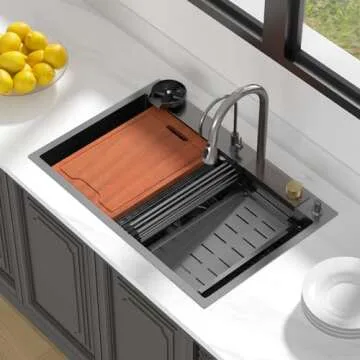 Lordear 33 Drop In Kitchen Sink Waterfall Stainless Steel Single Bowl 16 Gauge Gunmetal Black Workstation Sink With Faucet Combo And Glass Rinser, 33x22x10 Deep Topmount Kitchen Sinks