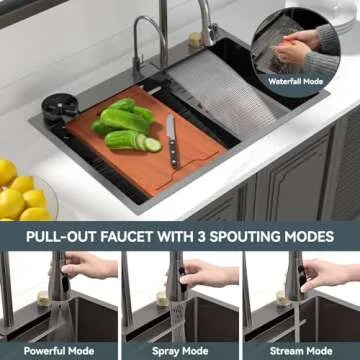 Lordear 33 Drop In Kitchen Sink Waterfall Stainless Steel Single Bowl 16 Gauge Gunmetal Black Workstation Sink With Faucet Combo And Glass Rinser, 33x22x10 Deep Topmount Kitchen Sinks