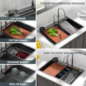 Lordear 33 Drop In Kitchen Sink Waterfall Stainless Steel Single Bowl 16 Gauge Gunmetal Black Workstation Sink With Faucet Combo And Glass Rinser, 33x22x10 Deep Topmount Kitchen Sinks