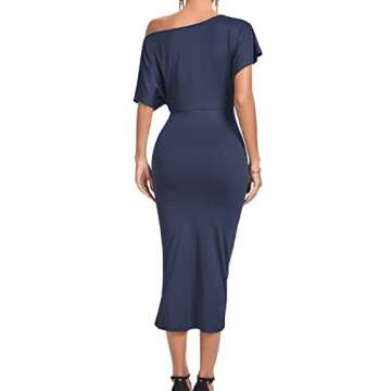 LYANER Women's One Off The Shoulder Ruched Wrap Front Split Hem Draped Party Midi Dress Navy Blue Large