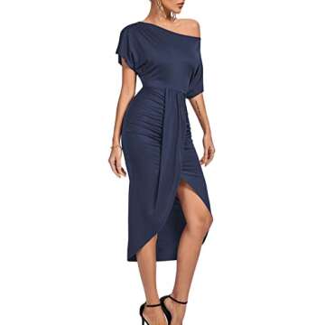 LYANER Women's One Off The Shoulder Ruched Wrap Front Split Hem Draped Party Midi Dress Navy Blue Large