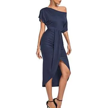 LYANER Women's One Off The Shoulder Ruched Wrap Front Split Hem Draped Party Midi Dress Navy Blue Large
