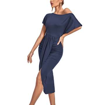 LYANER Women's One Off The Shoulder Ruched Wrap Front Split Hem Draped Party Midi Dress Navy Blue Large