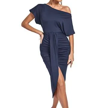 LYANER Women's One Off The Shoulder Ruched Wrap Front Split Hem Draped Party Midi Dress Navy Blue Large