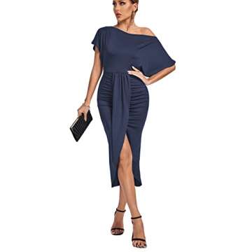 LYANER Women's One Off The Shoulder Ruched Wrap Front Split Hem Draped Party Midi Dress Navy Blue Large