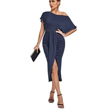 LYANER Women's One Off The Shoulder Ruched Wrap Front Split Hem Draped Party Midi Dress Navy Blue Large