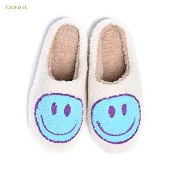Cute Smile Face Slippers for Women and Men,Soft Plush Comfy Warm Couple Slip-On House Happy Face Slippers For Winter Indoor Outdoor Smile Slippers Non-slip Fuzzy Flat Slides White Teal3839
