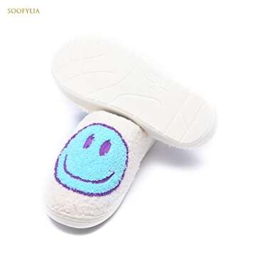 Cute Smile Face Slippers for Women and Men,Soft Plush Comfy Warm Couple Slip-On House Happy Face Slippers For Winter Indoor Outdoor Smile Slippers Non-slip Fuzzy Flat Slides White Teal3839